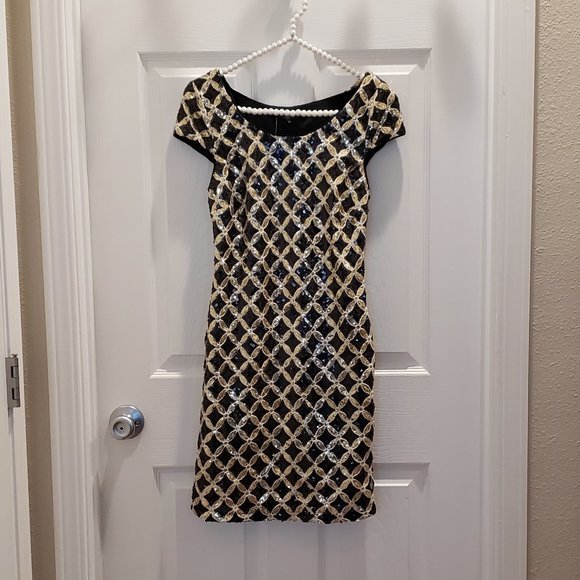 Sexy Gold & Black Sequin Mini Dress with Open Back - Picture 2 of 10